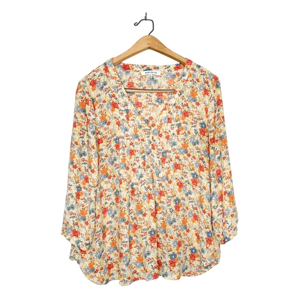 Rose + Olive Colorful Floral Print Boho Flowy Long Sleeve V Neck Blouse Large L